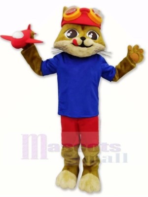 Pilot Cat with Blue T-shirt Mascot Costumes Cartoon