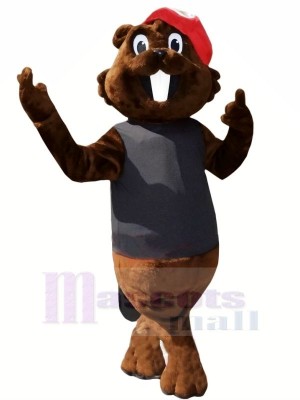 Brown Beaver with Red Hat Mascot Costumes Cartoon