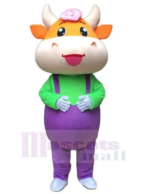High Quality Cow in Purple Overalls Mascot Costume Animal