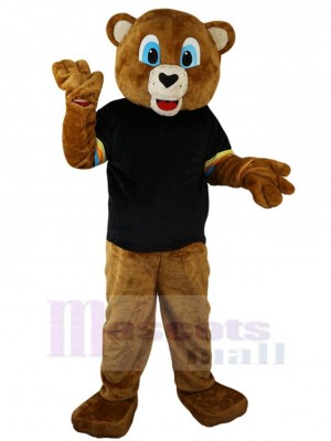 Smart Brown Bear in Black T-shirt Mascot Costume For Adults Mascot Heads