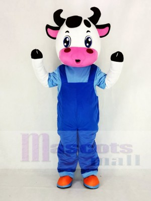 Cute Cow with Blue Overalls Mascot Costume Cartoon