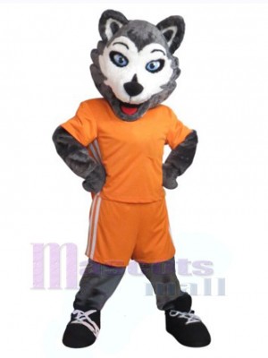 Husky Dog in Orange Clothes Mascot Costume Animal