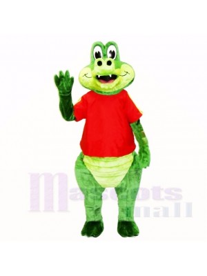 Friendly Crocodile with Red Shirt Mascot Costumes Cartoon