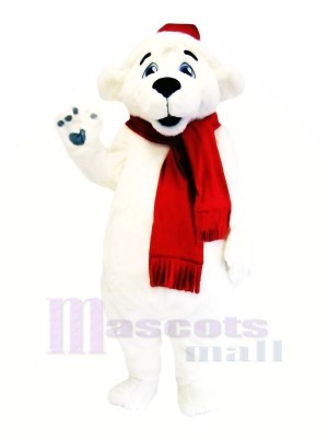 White Bear with Red Scarf Mascot Costumes Cartoon