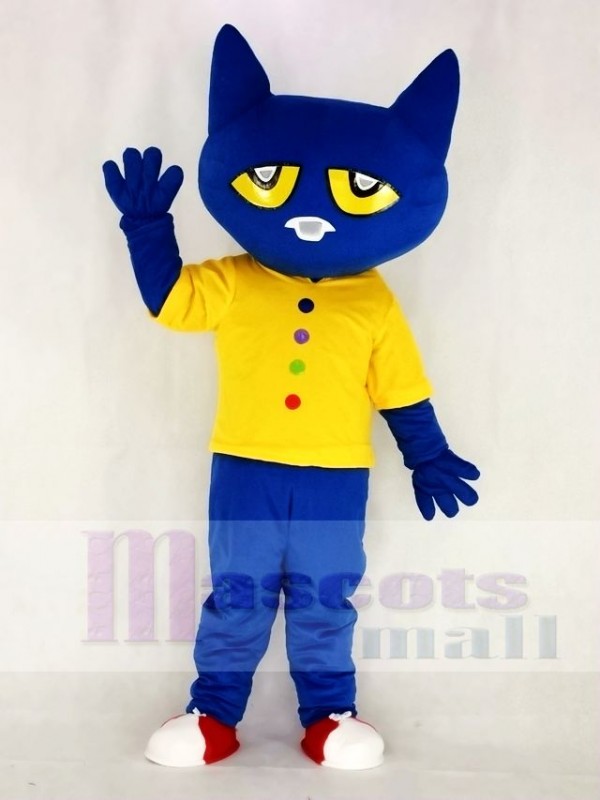 Funny Blue Pete Cat With Yellow Vest Mascot Costume School