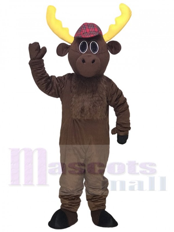 Cute Dark Brown Hunter Moose with Hat Mascot Costumes Animal