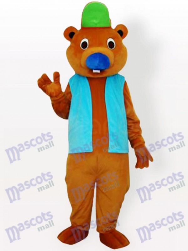 Bear with Green Hat and Blue Vest Adult Mascot Costume