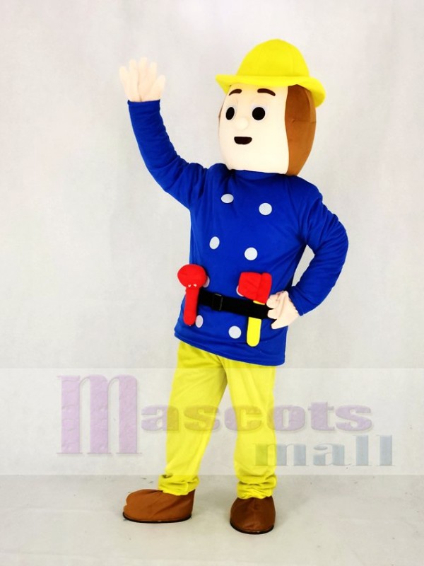 Realistic Fireman Sam In Blue Coat Mascot Costume Cartoon
