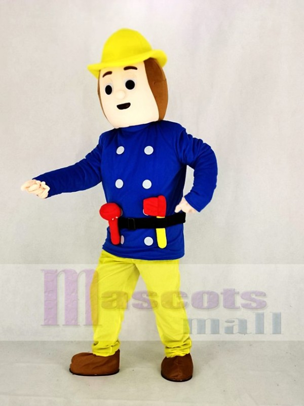 Realistic Fireman Sam In Blue Coat Mascot Costume Cartoon