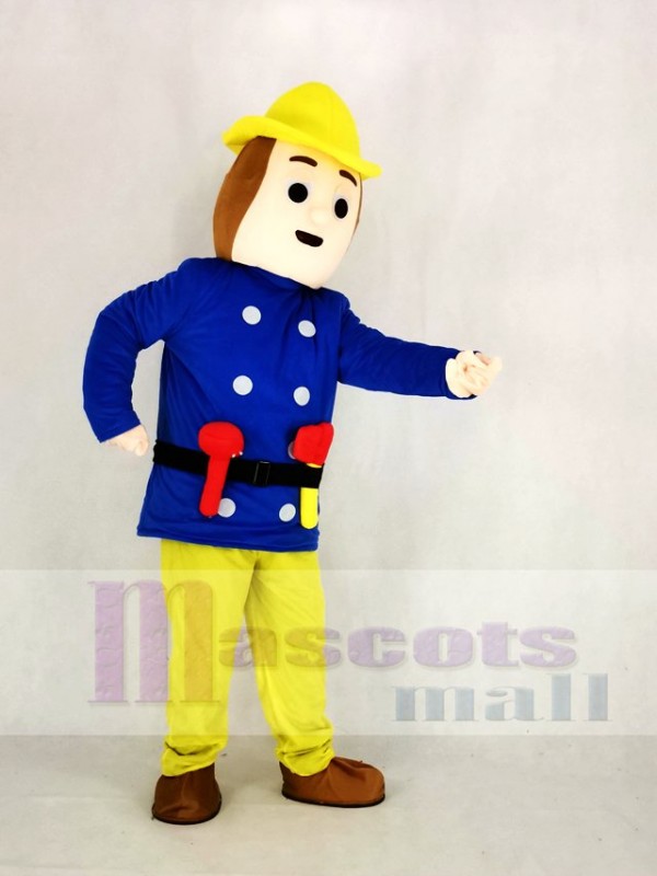 Realistic Fireman Sam In Blue Coat Mascot Costume Cartoon