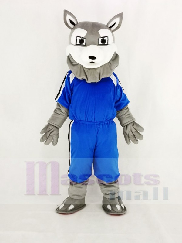 Power Gray Husky Dog with Blue T-shirt Mascot Costume Cartoon