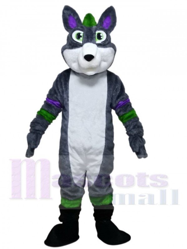 Gray Husky Dog Fursuit with Purple and Green Stripes Mascot Costumes Animal