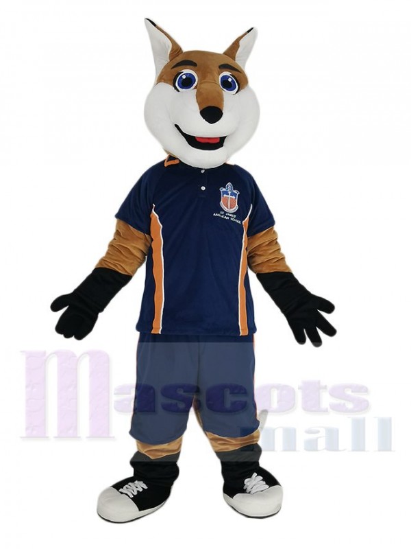 Smiling Fox in Blue Sport Shirt Mascot Costume