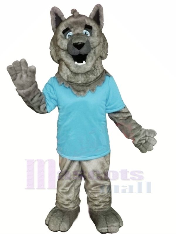 Grey Wolf with Blue T-shirt Mascot Costumes Cartoon