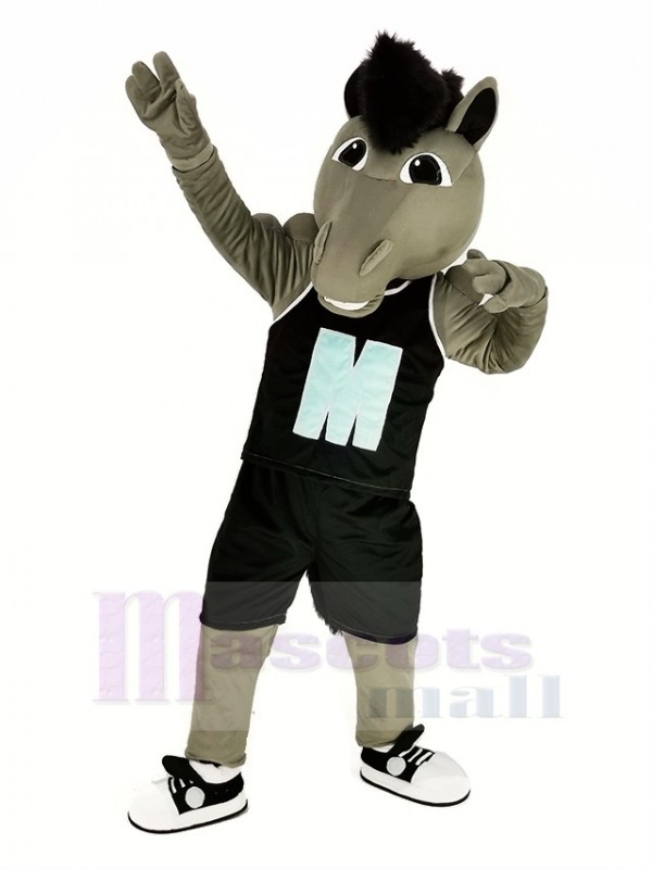Grey Power Mustang Horse with Black Sportswear Mascot Costume