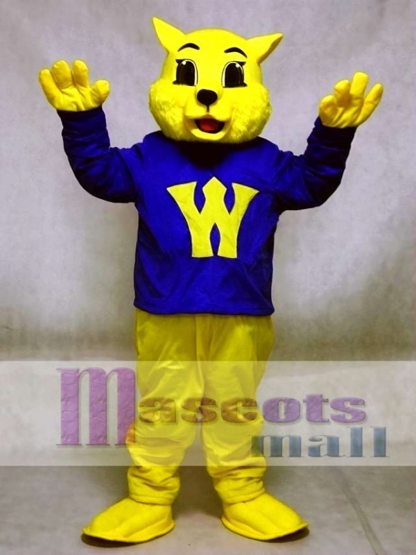Cute Winner Wildcat Cat Mascot Costumes in Blue Shirt Animal