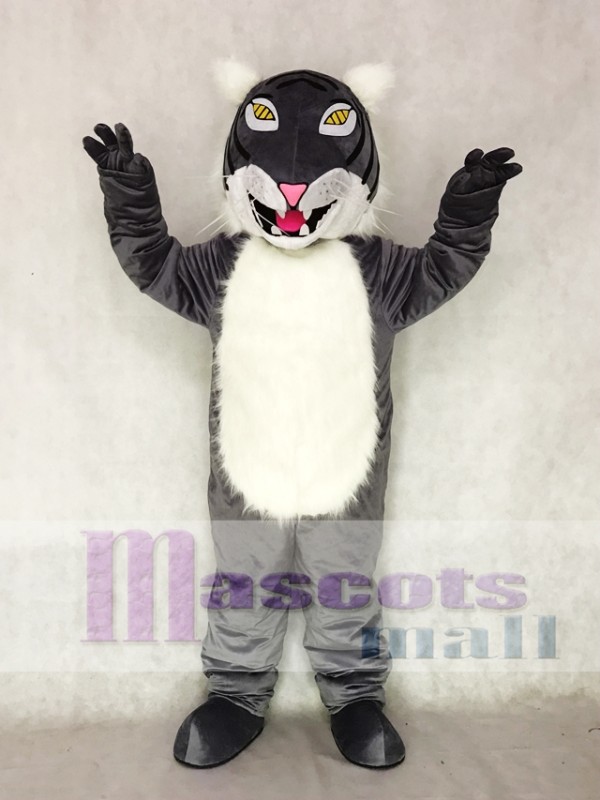 Gray Wildcat Mascot Costume with Yellow Eyes
