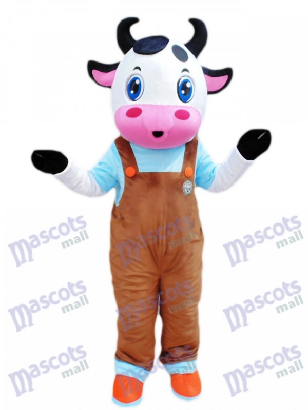 Cute Blue Eyes Cow with Brown Overalls Mascot Costume