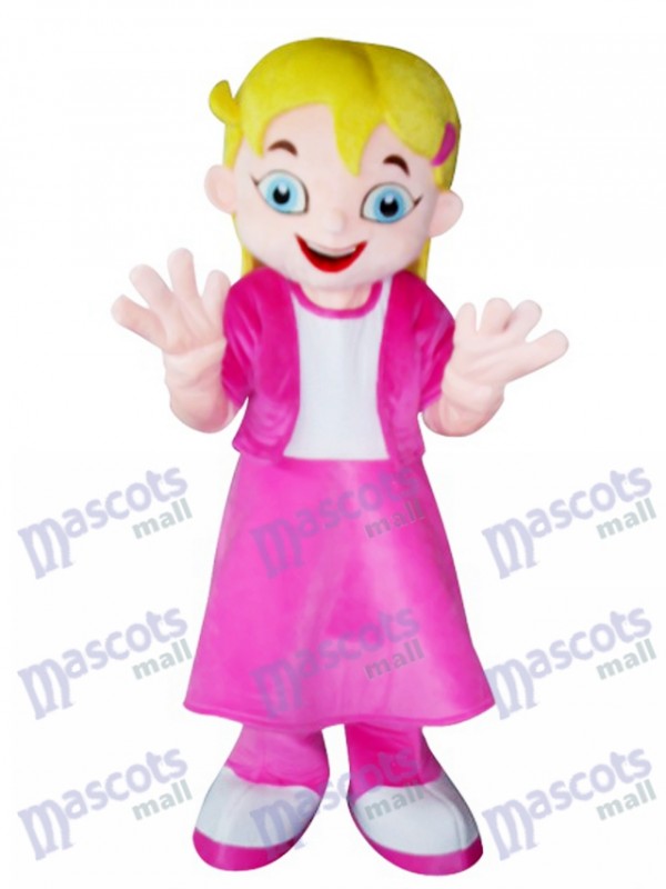 Yellow Hair Girl in Pink Dress Mascot Costume Cartoon