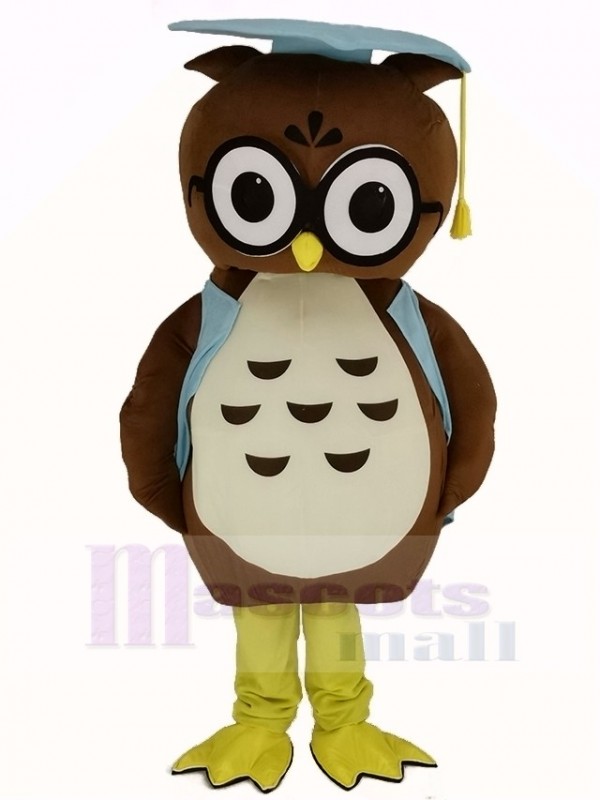 Brown Doctor Owl in Blue Vest Mascot Costume