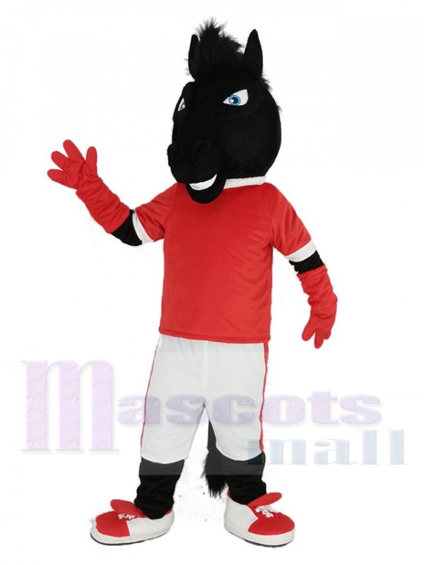 Black Horse in Red Jersey Mascot Costume Animal