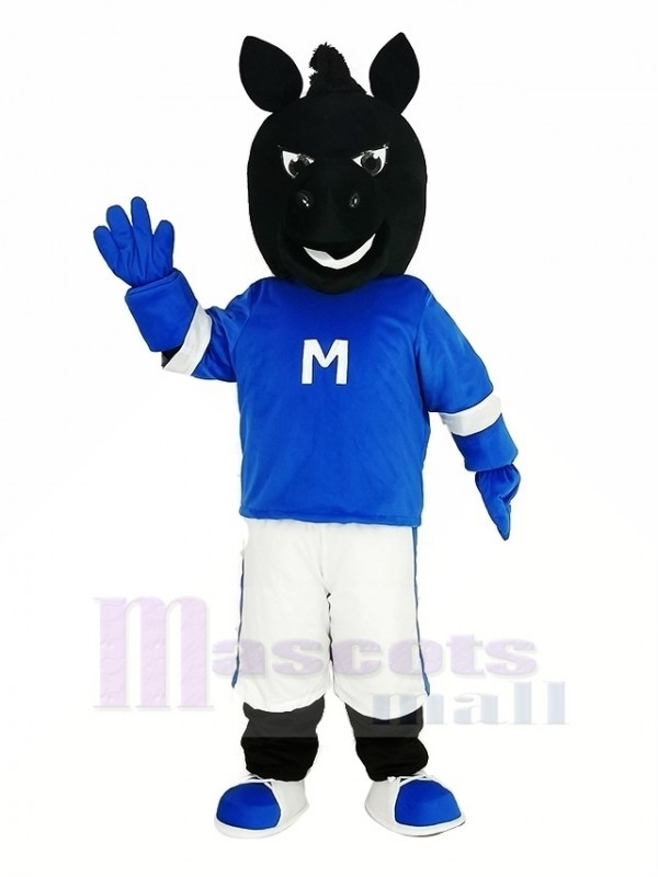 Black Horse in Blue Jersey Mascot Costume Animal