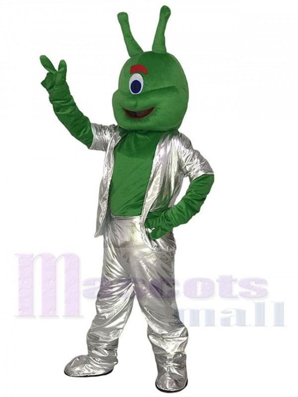 Green Alien in Silver Suit Mascot Funny Costume