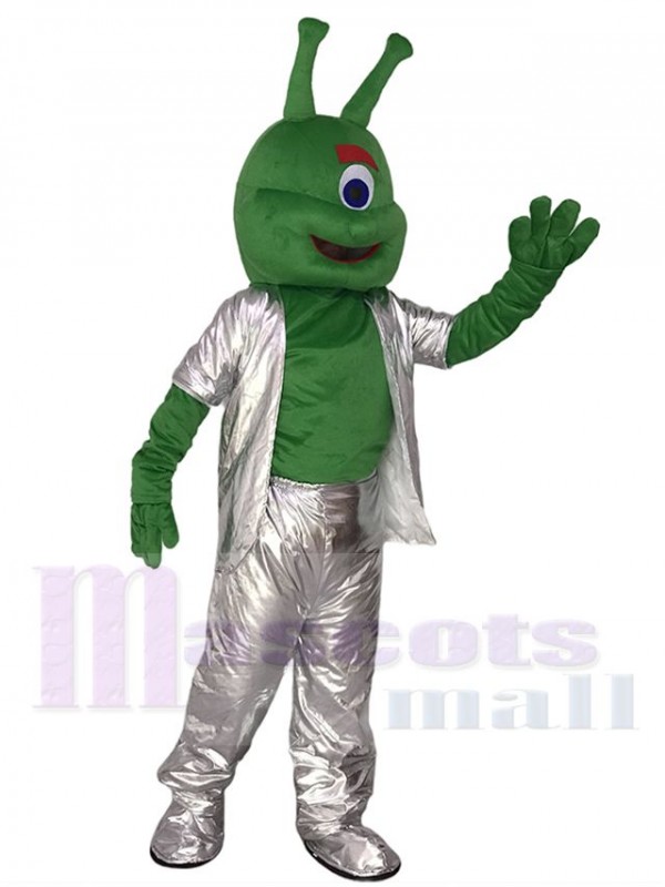 Green Alien in Silver Suit Mascot Funny Costume