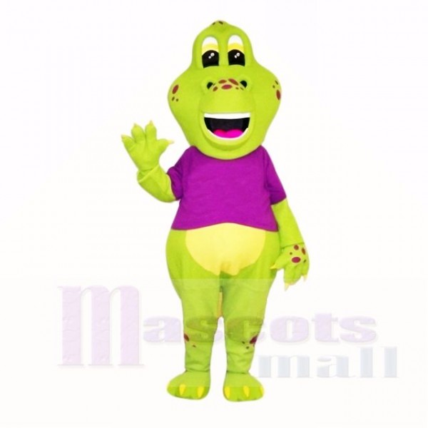 Green Dinosaur with Purple Shirt Mascot Costumes Cartoon
